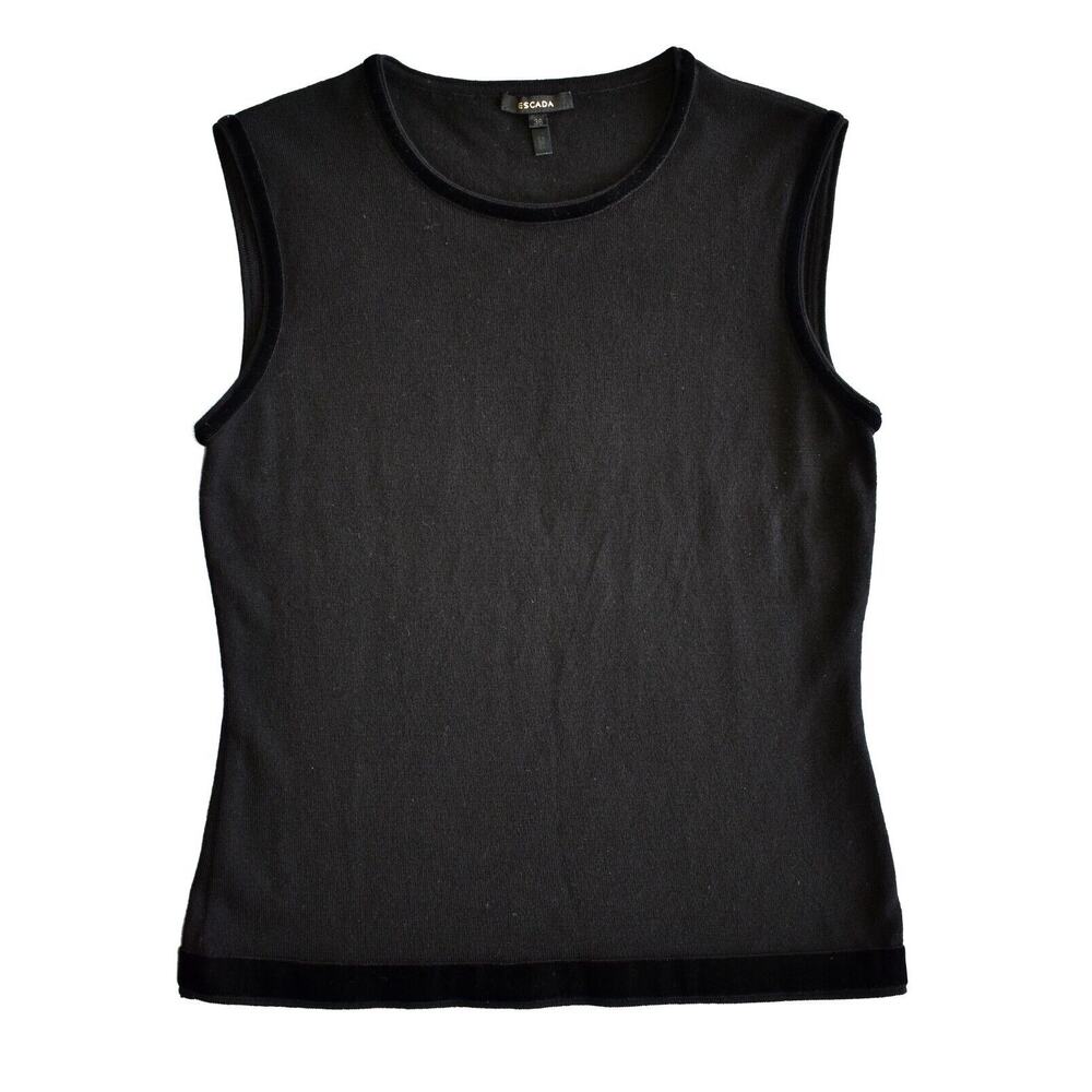 B0 Vintage ESCADA Black Wool & Nylon Blend Knit Velvet Trim Sleeveless Top Sz 36